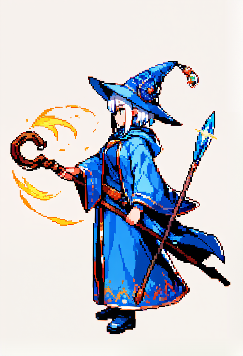 Maga pixel art con grande cappello da strega viola, vesti viola, che tiene un bastone, stile sprite RPG SNES retrò