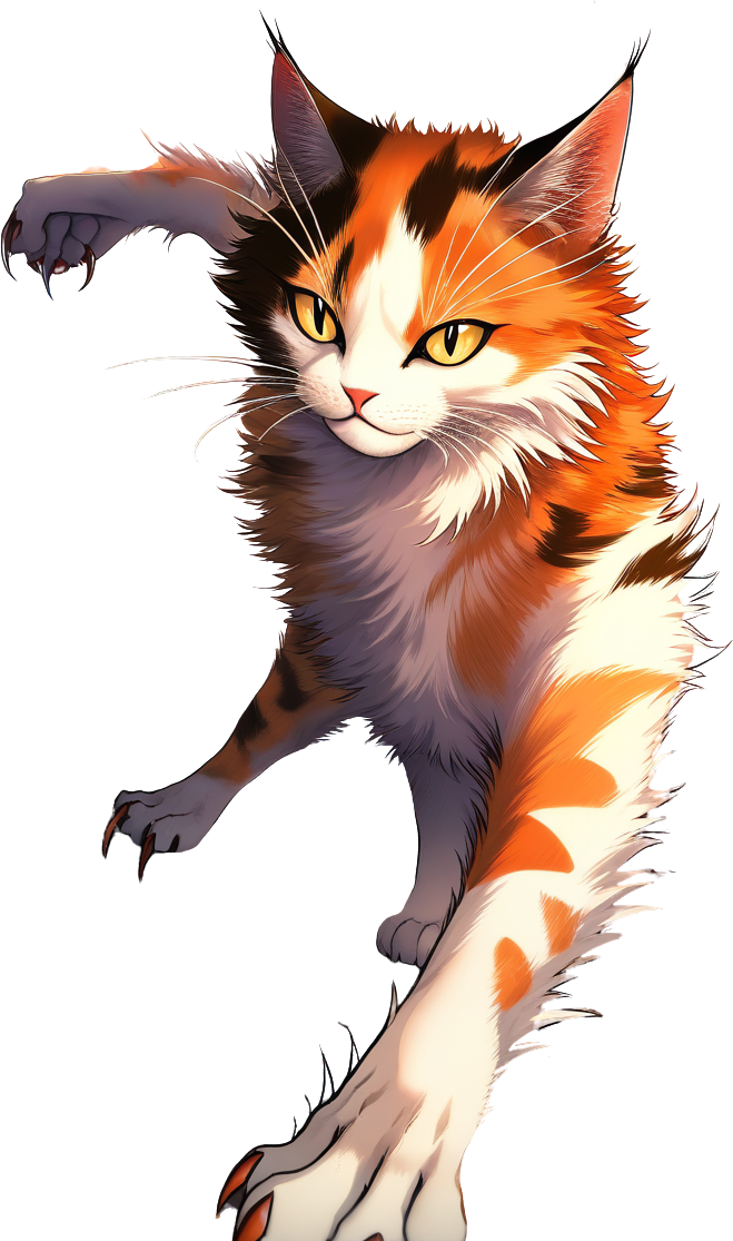 Ein Katzenjunge mit braunen Tabby-Ohren und flauschigem Schwanz, haselnussbraunen Augen, weißer Heiler-Tunika, Kräuterbeutel am Gürtel, an einem Bach