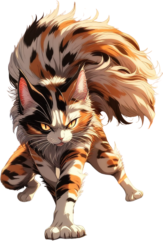 Ein Katzenjunge mit golden-orangen Ohren und Schwanz, leuchtend bernsteinfarbenen Augen, creme-roter Tunika, begeisterte Sprungpose mit Herbstlaub