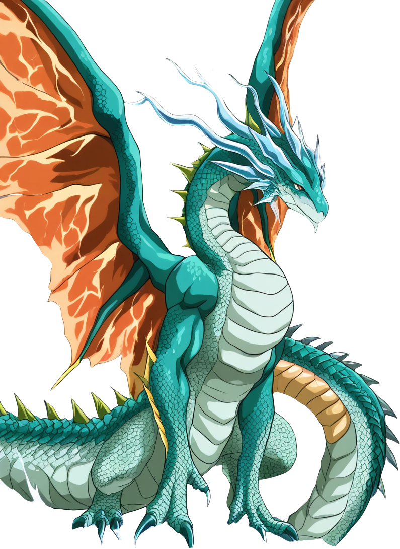 Ein Anime-Drachenjunge mit weiß-blauem Haar, kleinen Hörnern, Eiskristallflügeln, weiß-schwarzem gepanzertem Outfit mit Drachenschwanz